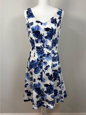 Chaps Blue White Floral Fit Flare Dress Size 10 Cottagecore Tea Party
